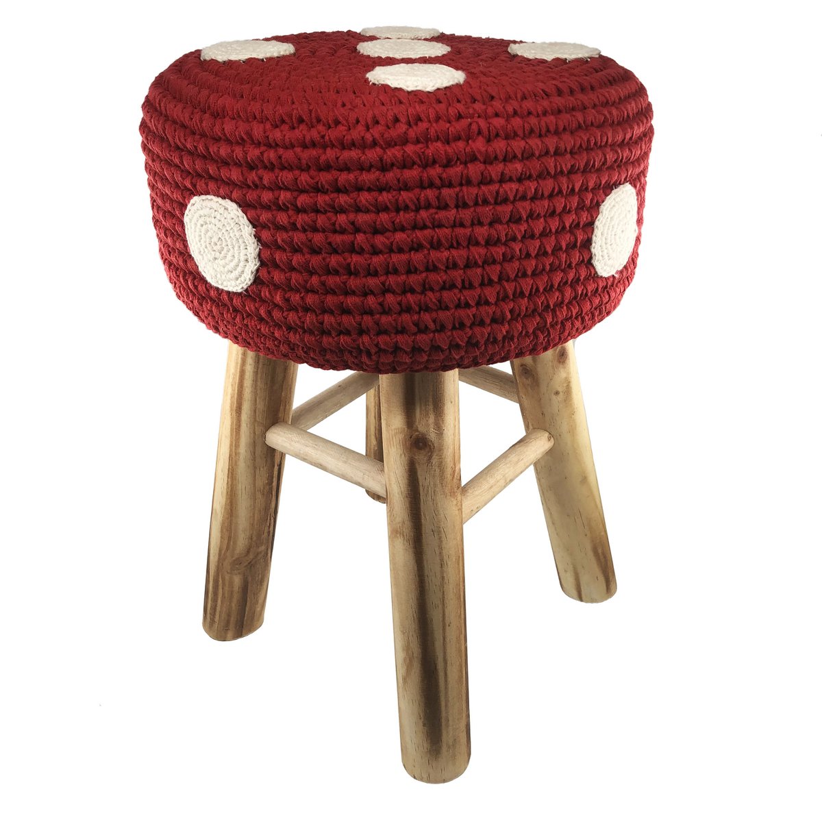 Luna-Leena stool with a mushroom cover red -  cotton & wood - hand crochet in Nepal