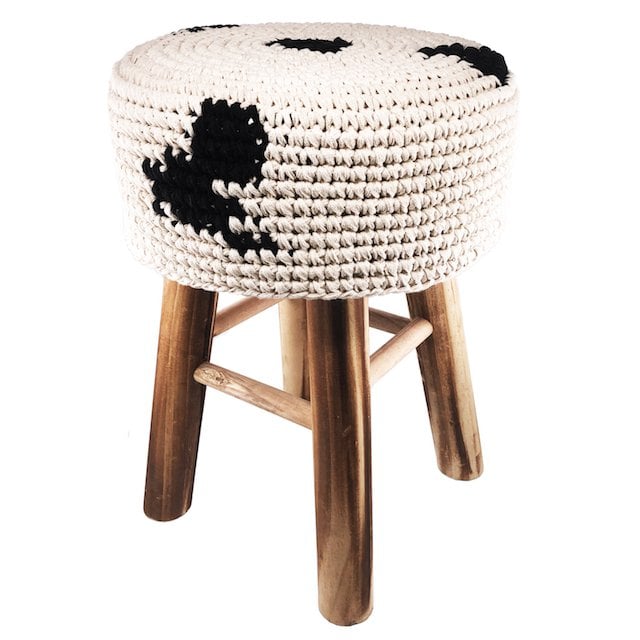 Luna-Leena stool with cow pattern cover black and white - cotton & wood - hand crochet in Nepal