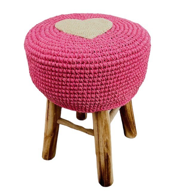 Luna-Leena stool with cover heart pink - cotton & wood - hand crochet in Nepal